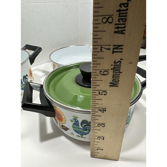 Vtg Lot 3 Enamel Stock Pots Rooster & Poppy Flower 60s‎ 70s Saucer Fry MCM RARE - Picture 12 of 15